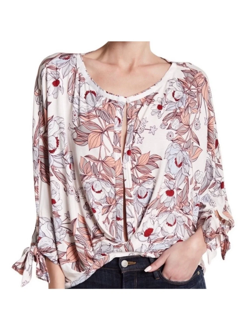 Free People Floral Scoop Neck Womens Top - Blush/Pink-Like New large